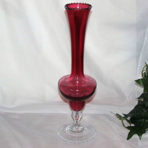 12" Vintage Cranberry Glass Footed Vase Red Clear Base Tall Home Decor - Picture 1 of 4